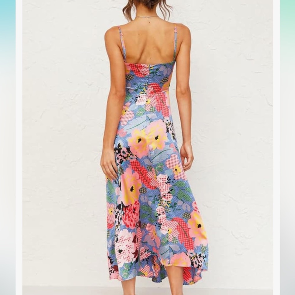 Spaghetti Strap Midi A-line Floral Cut Out Tie Top Dress NWT